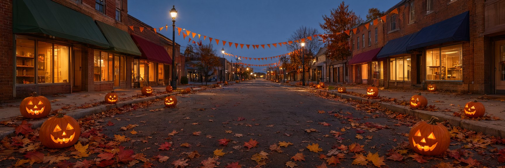 Jack-o-lanterns lining a small-town shopping street at dusk under orange bunting