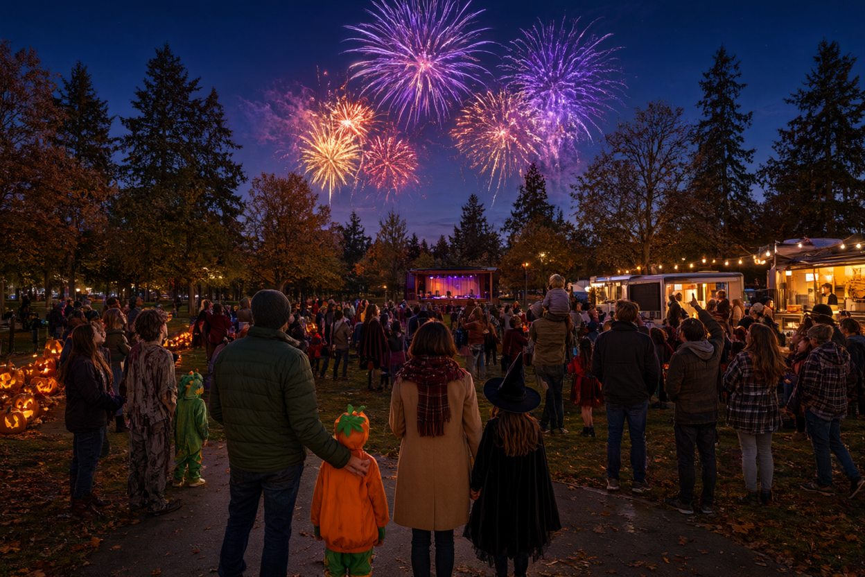 Families in Halloween costumes watching fireworks over a city park at night
