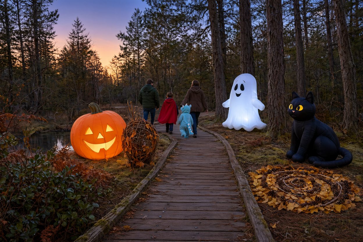 Friendly Halloween inflatables and nature art along a boardwalk trail through a forested park