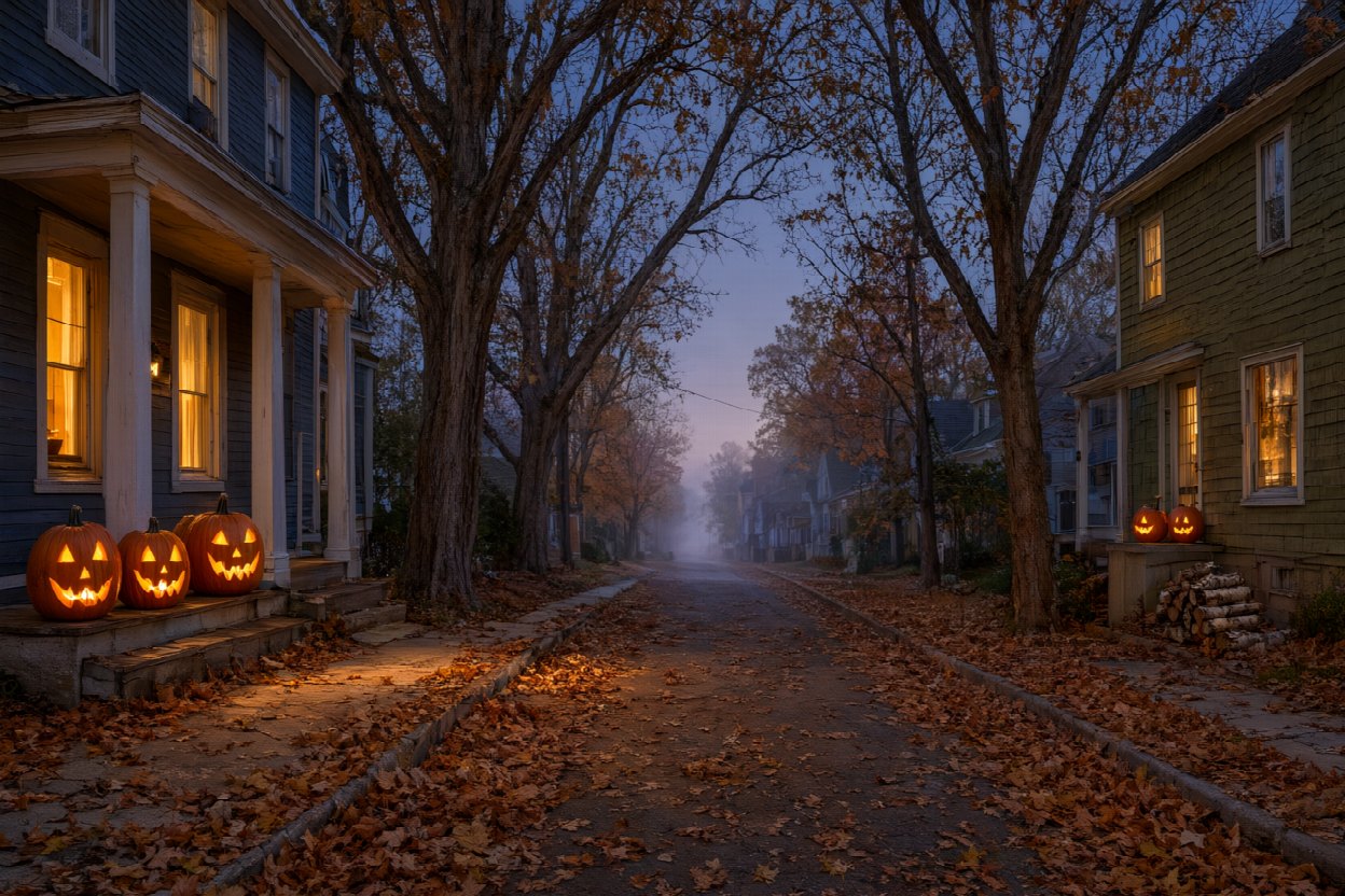 Jack-o-lanterns on porches along a leafy residential street at dusk