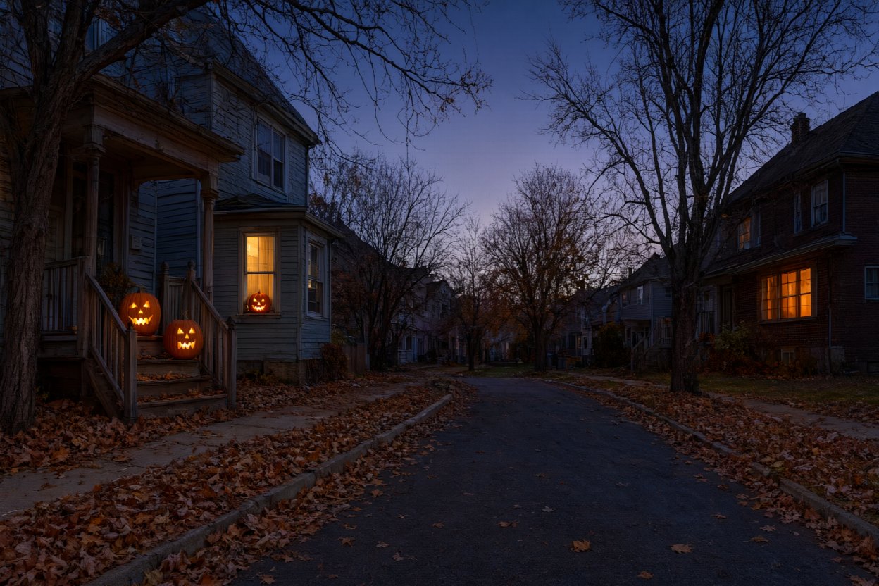 Jack-o-lanterns on front steps along a quiet street at dusk