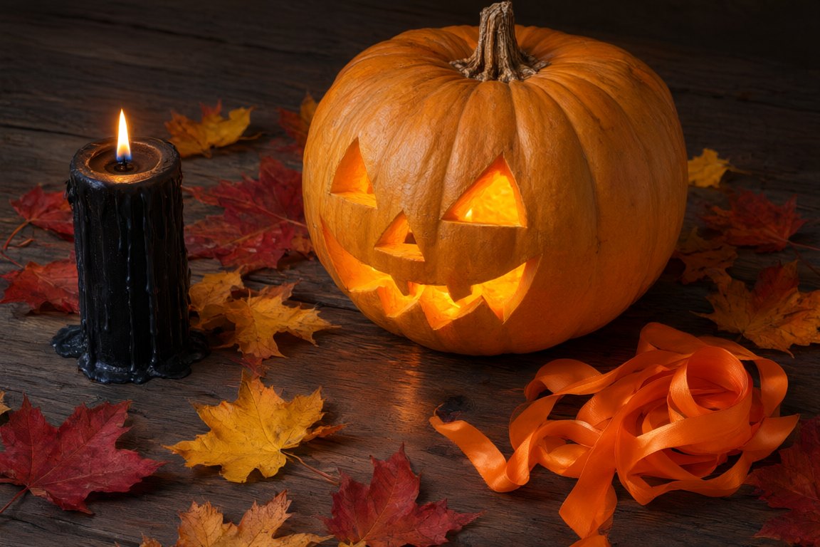A carved jack-o-lantern glowing beside a black candle and autumn leaves