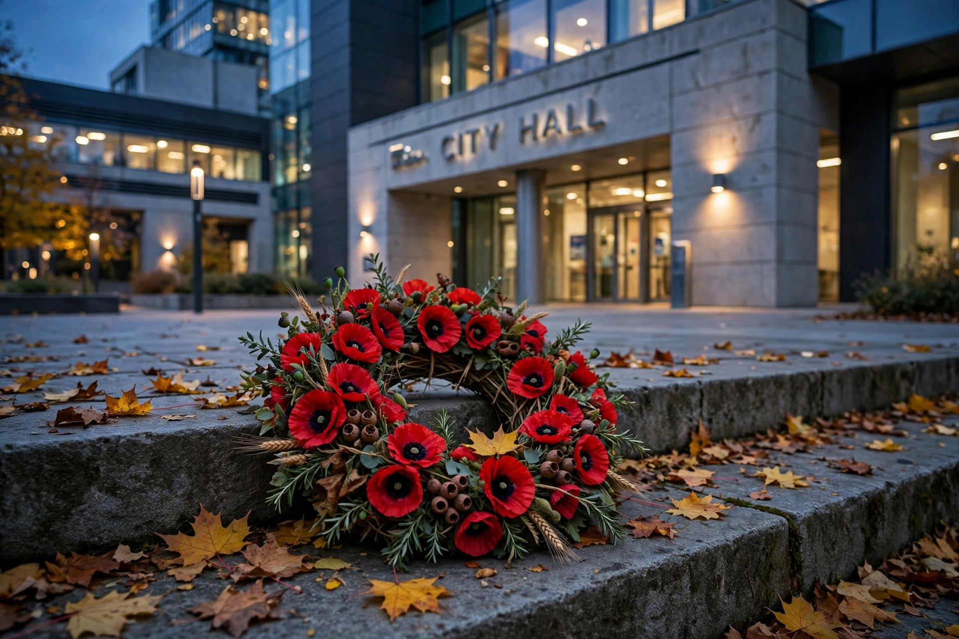 Poppy wreath on stone steps in front of a modern city hall at dusk, no people