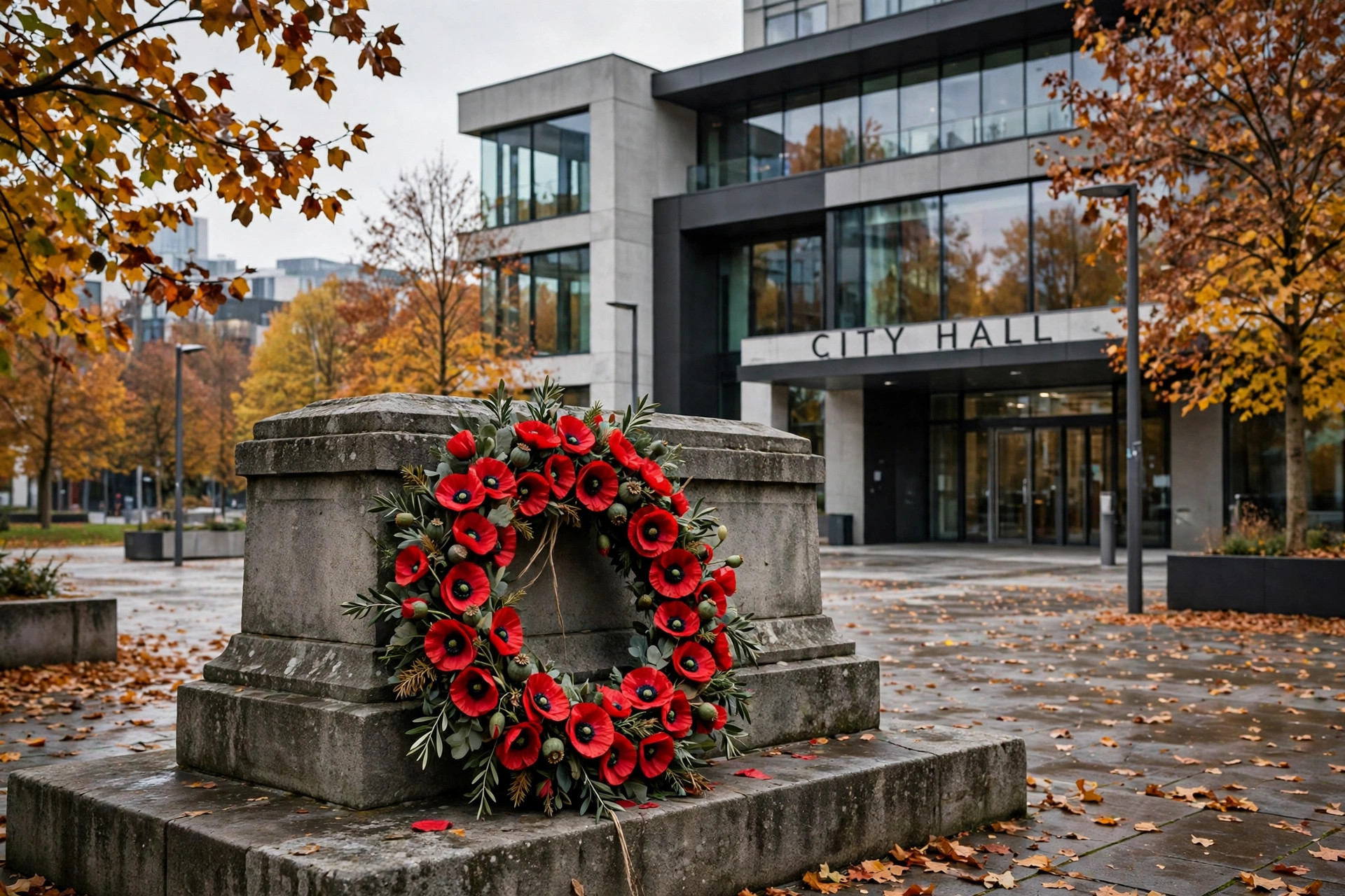 Poppy wreath against a stone memorial, with a modern city hall blurred in the background, no people