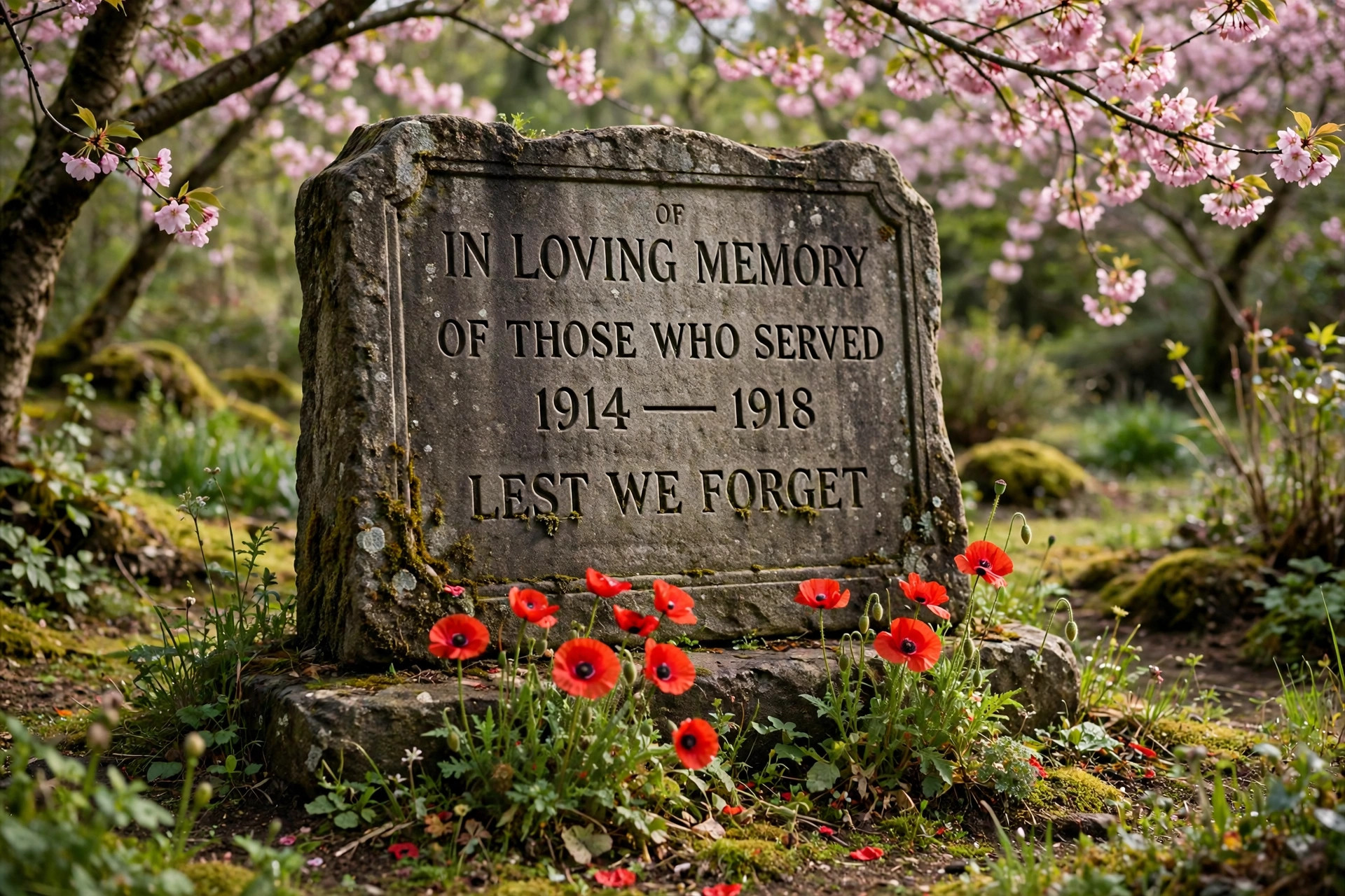 Stone memorial plaque with poppies in a garden, no people