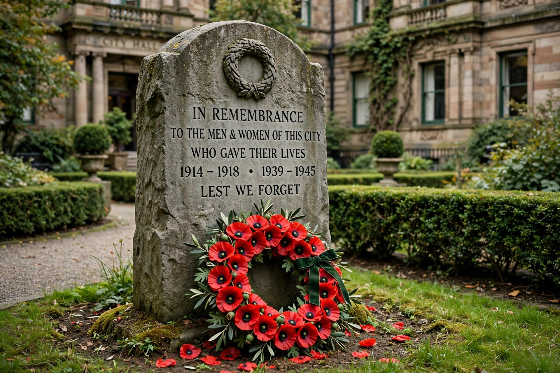 Stone epitaph with a poppy wreath at its base, with a city hall blurred behind it, no people