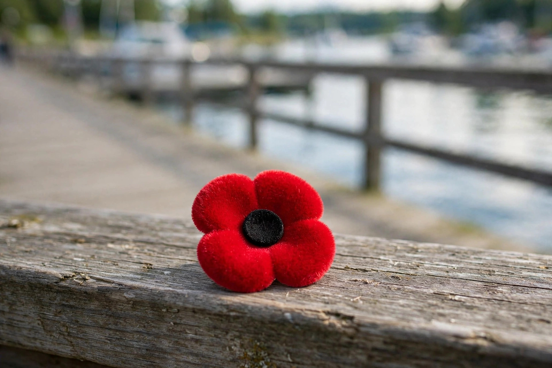 Canadian Legion poppy pin with four red flocked petals and a flat black centre, no leaf, resting on a wooden boardwalk railing, no people