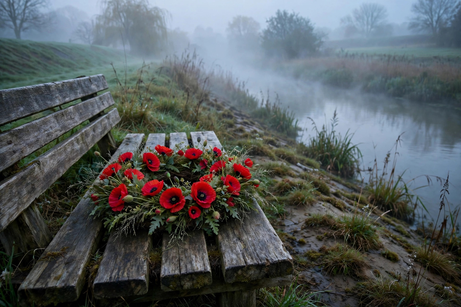 Poppy wreath on a wooden bench beside a river dyke, no people