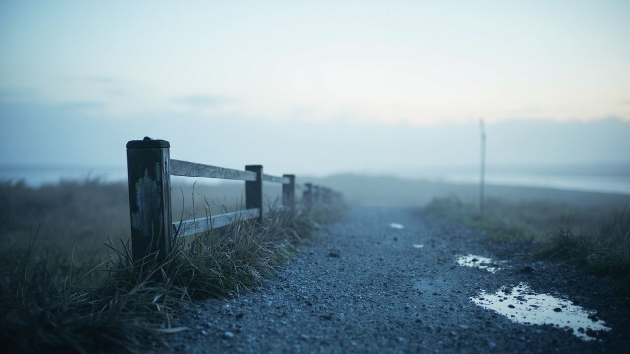 A gravel dyke path at first light, marsh grass on one side and flat grey water on the other in Richmond BC
