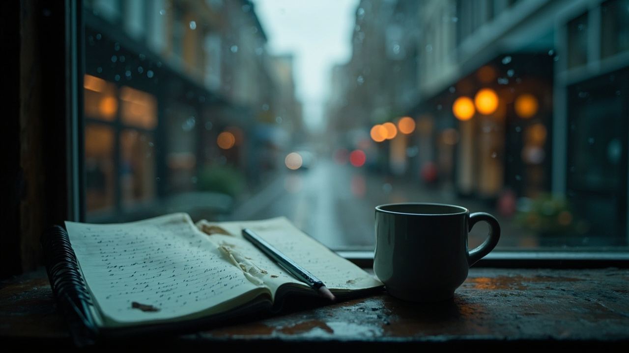 Notebook and pencil open beside a coffee mug at a rain-streaked window looking onto a wet shopping street in Richmond BC