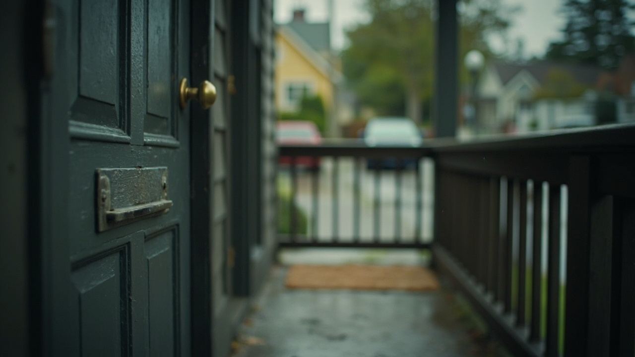 A dented brass letter slot on a painted wooden door above a rain-darkened coir doormat, the wet street behind it dissolved into grey bokeh in Richmond BC