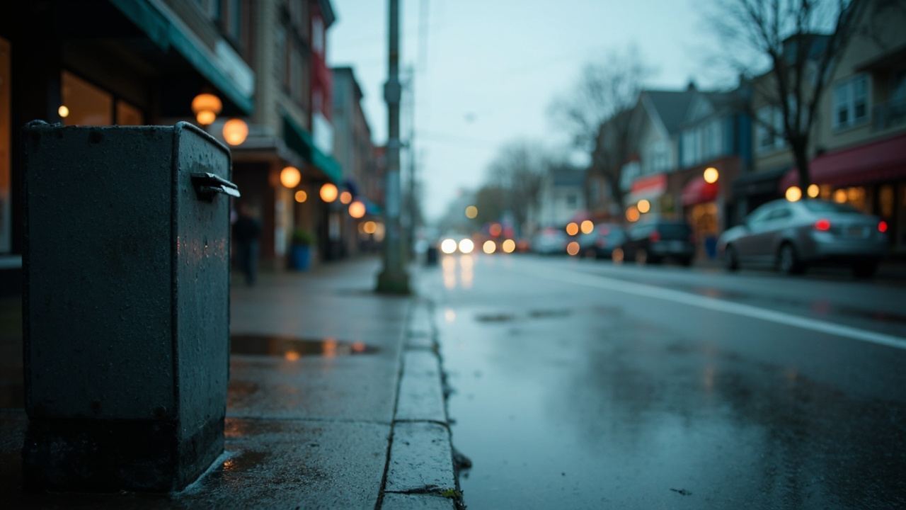 Rain beaded newspaper box on a wet kerb at first light, a row of shopfront awnings blurred behind it in Richmond BC