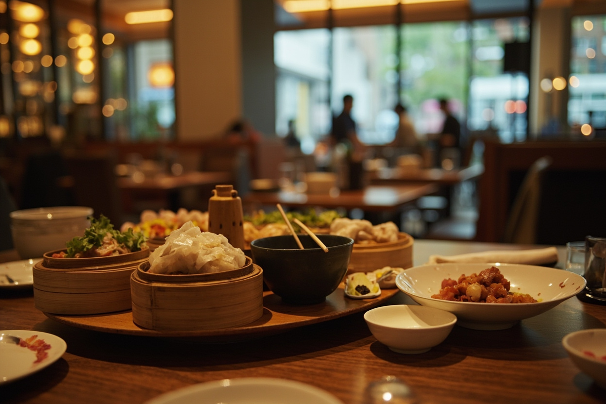 A round dim sum table with a lazy susan crowded with steaming shared dishes
