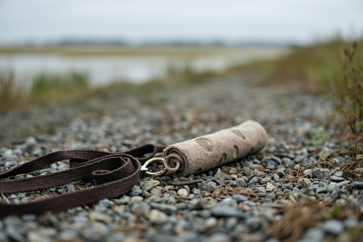 A dog leash and towel dropped on a gravel dyke trail beside the marsh, Richmond BC