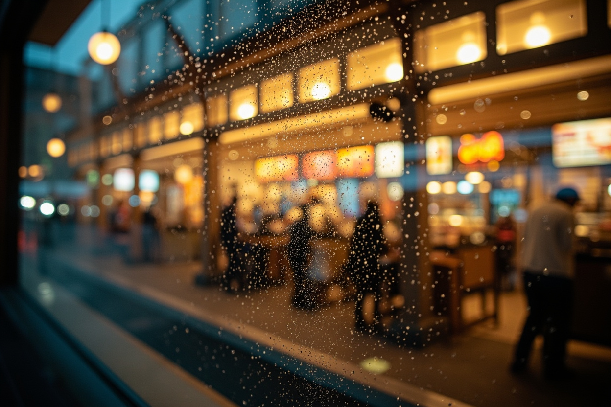 Rain on a window looking into the warm glow of a busy indoor food court, Richmond BC
