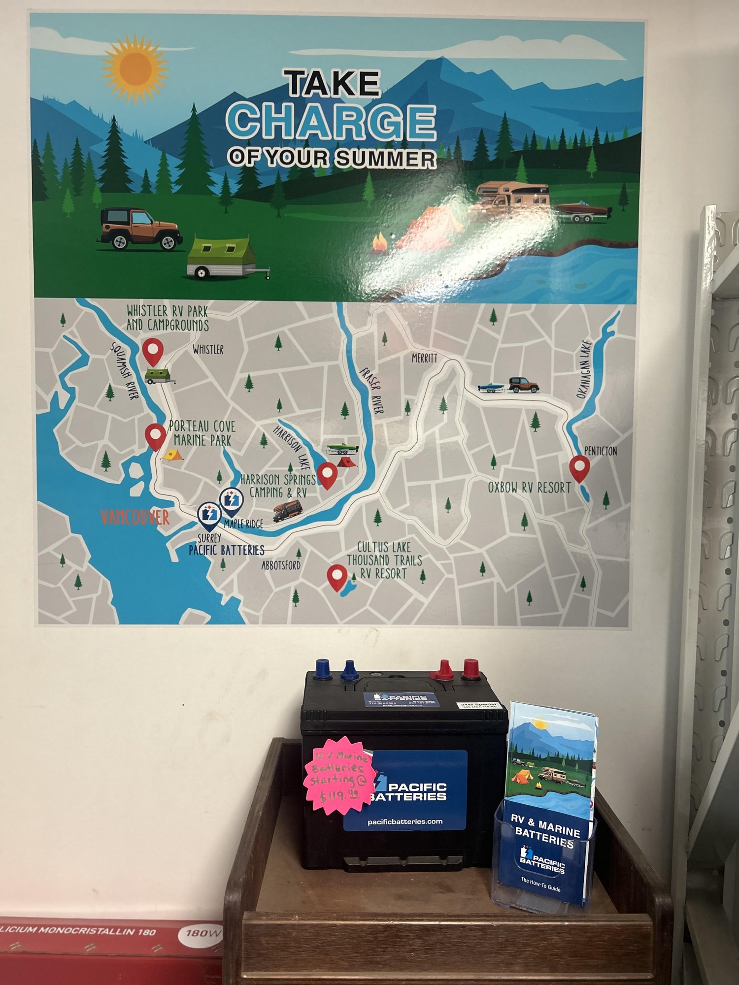 An in-store Pacific Batteries display: a Take Charge of Your Summer wall map of British Columbia camping and RV destinations above a branded RV and marine battery on a wooden stand, beside a rack of how-to guide brochures.