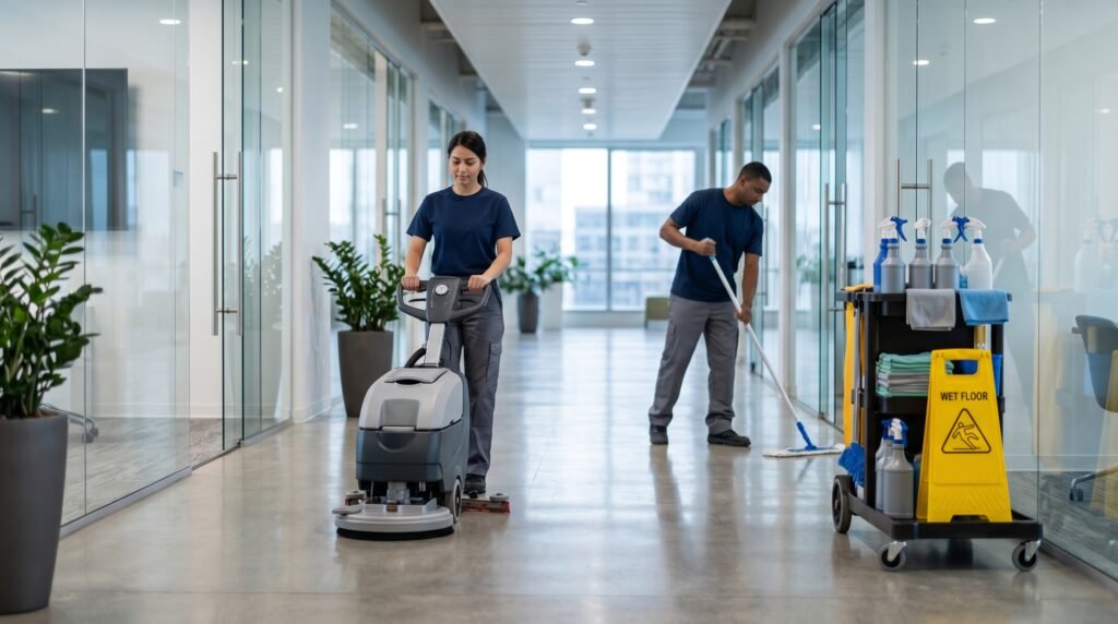 Commercial janitorial cleaning by PGcom in an office building
